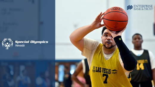 Special Olympics Las Vegas logo and basketball player shooting a basket