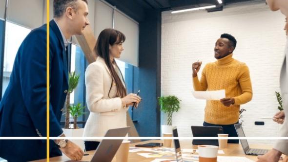 group of business people talking in a conference room